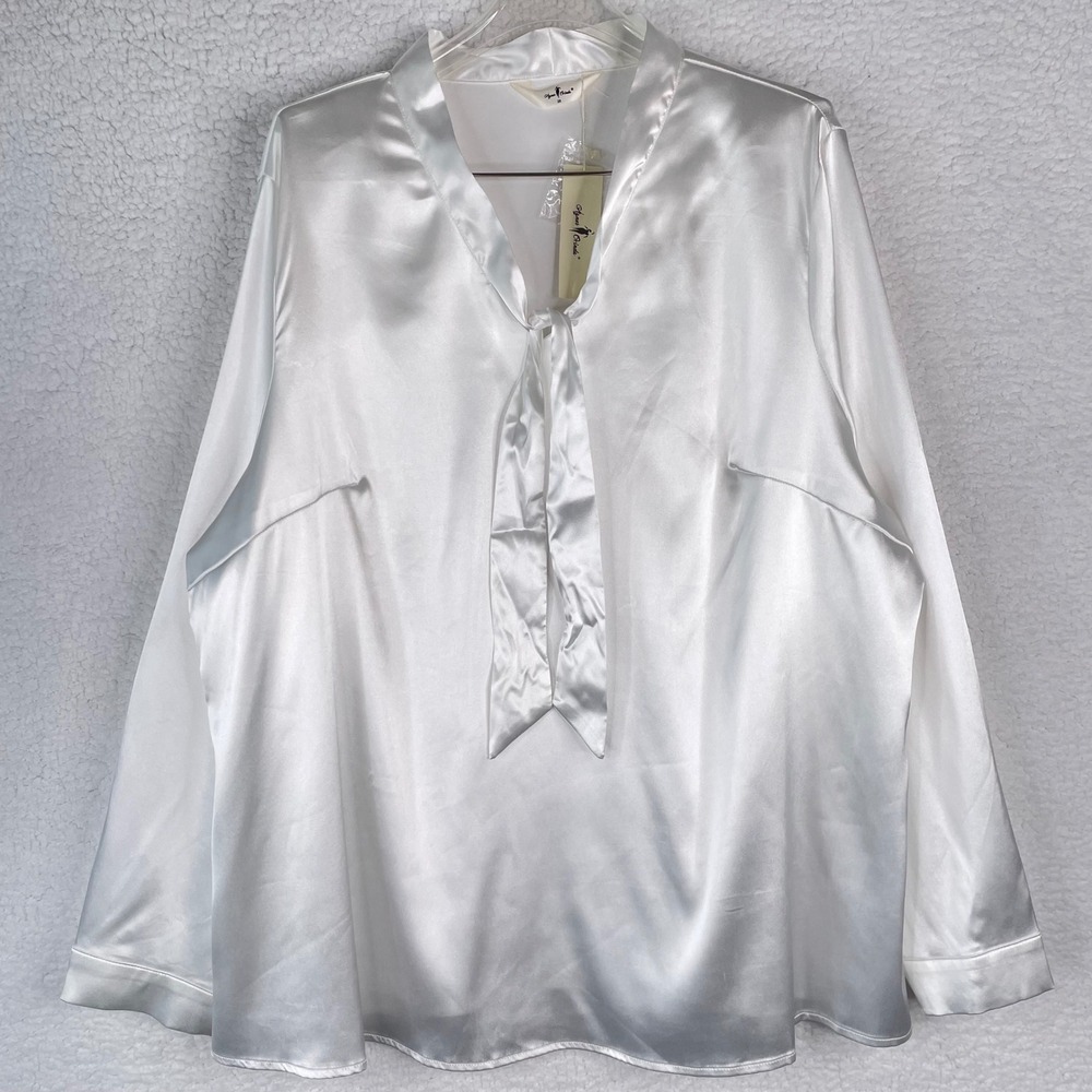 Agnes Orinda White Satin Tie Front V-Neck Long Sleeve Blouse Plus Size 2X NEW